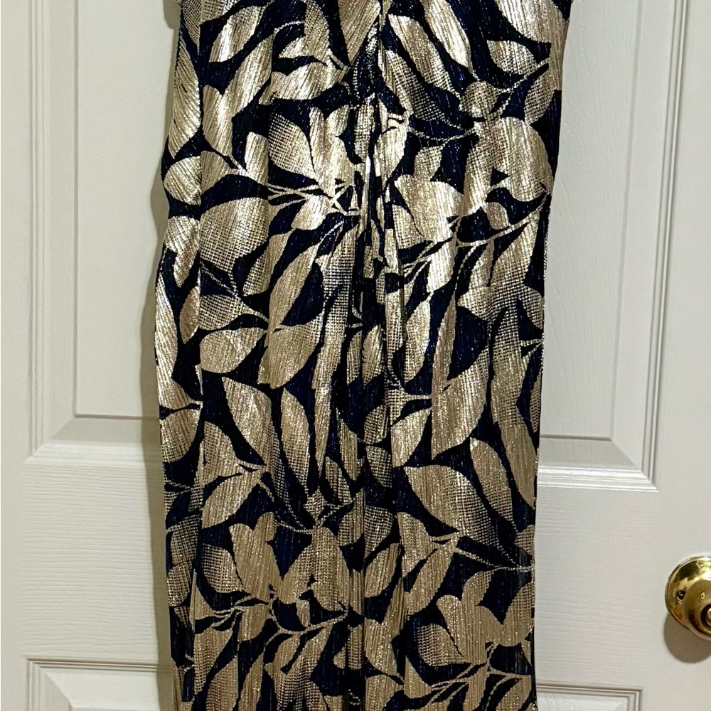 Adrianna Papell Navy and Gold Leaf Maxi Dress